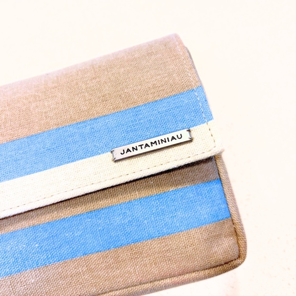 KLM JANTAMINIAU Amenity Travel Kit Taupe Cream Blue Striped - Picture 2 of 6